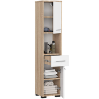 Dulap baie tip coloana cu 2 usi, 1 sertar si rafturi interioare, PAL laminat, 30x30x140 cm, stejar sonoma si alb