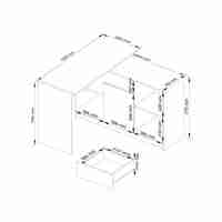 Birou de colt cu sertar, usa si 6 rafturi, fronturi MDF lucios, 120x126x79 cm, alb si negru lucios