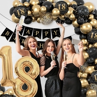 Set Baloane Folie si Latex, Flippy, Tematica Aniversare Majorat, Baloane Latex, Figurine Cifrele 1 si 8, Ambalaj Individual, Pai Inclus, Umflare cu Aer sau Heliu, Auriu Negru