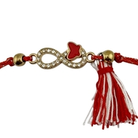 Martisor Bratara cu Ciucure pentru Dama, Jolie, Model Infinit cu Fluture, Set 12 bucati, Pandativ din Inox cu Pietre, Snur Reglabil, Rosu/Alb
