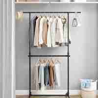 SONGMICS Suport haine cu doua bare, roti blocabile, inaltime reglabila, cadru metalic, 101x49x113-180 cm, negru