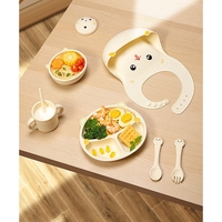 Set 7 Piese Hranire Bebelusi si Copii, Flippy, din Silicon, fara BPA, de la 12 Luni, Model Pisicuta, 30 x 25 x 6 cm, Bej