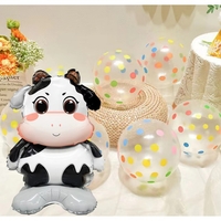 Balon din Folie Metalizata, Vafy, Mini Figurine Animalute, Model Vacuta, Tematica Aniversare, 38x58 cm, Ambalaj Individual, Pai Inclus, Umflare cu Aer sau Heliu, Multicolor