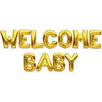 Set Baloane din Folie Metalizata, Flippy, Model Welcome Baby, Litere de 40 cm, Baloane Party, Ambalaj Individual, Pai, Ata si Adeziv Incluse, Umflare cu Aer sau Heliu, Auriu