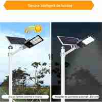 Lampa solara stradala Flippy, IP65, senzor de lumina, 100 LED-uri SMD, 7200 lm, panou 12W, putere 80W, autonomie 12-16 ore, telecomanda, montare prin fixare, pentru strada sau gradina, finisaj lucios, material ABS, 38.6 x 13.3 x 6.5 cm, lumina alb rece