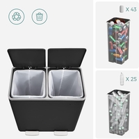 SONGMICS Cos de gunoi din inox cu 2 compartimente colectare selectiva, cu galeti interioare, 2x30litri, negru