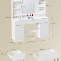 VASAGLE Masa de toaleta Kailyn cu oglinda, iluminare LED reglabila, priza integrata AC si USB, fronturi MDF, 40x107x144 cm, alb