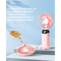 Ventilator Ultra Portabil cu Aromaterapie, Vafy, 3 in 1, de Mana, de Birou, de Gat, 5 Trepte de Viteza, Incarcare USB, Autonomie 12h, Pliabil, cu Ecran LCD, Roz