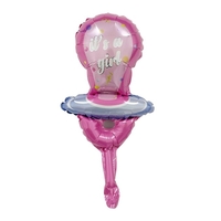 Balon din Folie Metalizata, Vafy, Mini Figurina, Model Suzeta, Tematica Gender Reveal, 23x50 cm, Ambalaj Individual, Pai Inclus, Umflare cu Aer sau Heliu, Roz