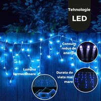 Instalatie Craciun Yoto, Tip Franjuri/Turturi, 4 m, 120 LED-uri, Prelungitor 1.5 m, 8 Jocuri de Lumini, Interconectabila, Conectare la Retea, Fir transparent, Interior/Exterior, Albastru