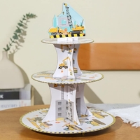 Etajera pentru Prajituri, Flippy, din Carton, 3 Nivele, 16/22/29 cm Diametru, Inaltime 38 cm, Tema Utilaje de Santier, Multicolor