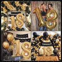 Set Baloane Folie si Latex, Flippy, Tematica Aniversare Majorat, Baloane Latex, Figurine Cifrele 1 si 8, Ambalaj Individual, Pai Inclus, Umflare cu Aer sau Heliu, Auriu Negru