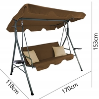 Leagan gradina 3 locuri 170x118x153 cm, cu perne, baldachin reglabil si masute laterale, structura otel, maro