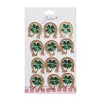 Brose Martisor Primavara, Jolie, Set 12 Bucati, Model Potcoava cu Trifoi, Brosa din Metal, 3 x 2 cm per Bucata, Auriu/Verde