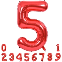 Balon din Folie Metalizata Flippy, Figurina Cifra, Tema Aniversare 40 cm, Ambalaj Individual, Pai inclus, Umflare cu Aer sau Heliu, Rosu, Cifra 5
