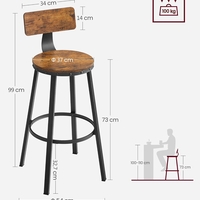 VASAGLE Set de 2 scaune de bar inalte cu spatar, cadru din otel, industrial, 54x99cm, maro rustic