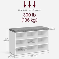 VASAGLE Pantofar cu banca cu 9 compartimente si perna, sarcina 136 kg, 79x30x48 cm, alb