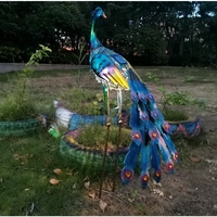 Decoratiune de Gradina cu Lampa solara, Vafy, Model Paun, Iluminare Led si Incarcare Solara, 91.5 x 45 x 26 cm, din Fier, Albastru azur