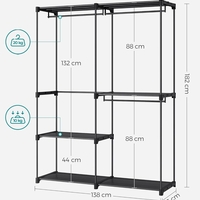 SONGMICS Dulap de haine portabil, cu 3 bare de agatat si rafturi, 138x43x182 cm, negru