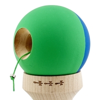 Kendama X Originala, Profesionala, Flippy, Rubber Grip, Cupe Mari KING SIZE V3, Gaura in Baza, Rulment Metalic, din lemn 18 cm, Ata 62/65 cm, Bicolor Albastru/Verde