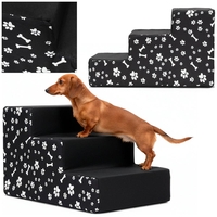 Scara pentru animale de companie, caini sau pisici, 3 trepte, antiderapanta, husa detasabila, inaltime 30 cm, negru cu decor alb