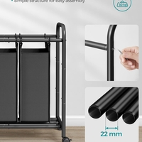 SONGMICS Cos de rufe cu 3 saci detasabili, structura metalica pe roti, 3x44L, 77x41x82cm, negru