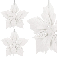 Set 10 flori de Craciun 12 cm, ornamente cu sclipici, plastic, alb