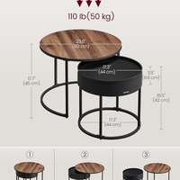 VASAGLE Set 2 masute cafea, cu blat detasabil si spatiu de depozitare ascuns, 45x45x42 cm, culoare nuc