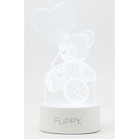 Lampa LED decorativa, Flippy, 3D, Ursulet cu balon inima, cu telecomanda, doua moduri de alimentare USB si baterii, 20 cm inaltime, din material acril si lumina multicolora, alb