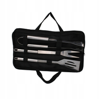 Set 3 ustensile pentru gratar din otel inoxidabil, spatula, furculita si cleste, cu husa