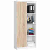 Dulap cu usa si 8 etajere, PAL laminat 16 mm, 80x35x180 cm, alb si stejar sonoma
