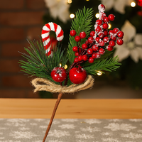 Ramura decorativa Craciun cu fructe rosii, acadea si sfoara iuta, 24 cm, rosu