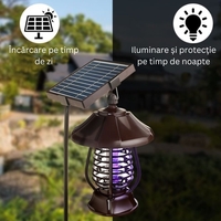 Lampa solara pentru gradina, anti-insecte, tantari, muste, UV, LED, material ABS, putere 5W, 1.2 V, autonomie 8 ore, 2 moduri de functionare, IP65, electric shock 380 volti, 30 x 19.5 cm, maro