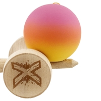Kendama X Originala, Profesionala, Flippy, Rubber Grip, Cupe Mari KING SIZE V3, Gaura in Baza, Rulment Metalic, din lemn 18 cm, Ata 62/65 cm, Roz/Portocaliu/Galben