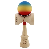 Kendama X Originala, Profesionala, Flippy, Cupe Mari KING SIZE V3, Rubber Grip, Gaura in Baza, Rulment Metalic, din lemn 18 cm, Ata 62/65 cm, Gradient Albastru/Galben/Rosu