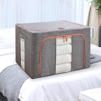 Cutie de depozitare pliabila, Flippy, Cu fermoar, 100 L, Textil, 60x42x40 cm, Cadru Metalic, Suport Baza Stabil din Plastic, Gri, Cu doua ferestre