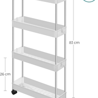 SONGMICS Carucior de depozitare pe roti, pentru bucatarie sau baie, din plastic, cu 4 nivele, 40x13x88cm, alb
