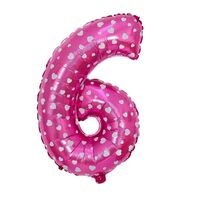 Balon din Folie Metalizata Flippy, Figurina Cifra, Imprimeu Inimi, Tema Aniversare 80 cm, Ambalaj Individual, Pai inclus, Umflare cu Aer sau Heliu, Roz, Cifra 6