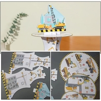 Etajera pentru Prajituri, Flippy, din Carton, 3 Nivele, 16/22/29 cm Diametru, Inaltime 38 cm, Tema Utilaje de Santier, Multicolor