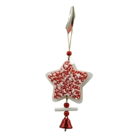 Ornament de brad stea din tweed, Flippy, alb/rosu, lemn, 18 cm