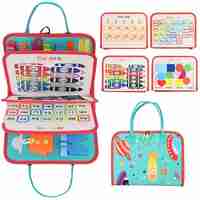Carte Senzoriala Educativa Montessori, Flippy, cu Activitati, Dezvoltare Abilitati Motorii, 4 Pagini, Model Spatiu Cosmic, 28x22x7 cm, Albastru