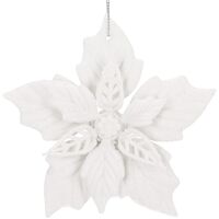 Set 10 flori de Craciun 12 cm, ornamente cu sclipici, plastic, alb