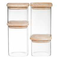 Set 4 borcane depozitare ermetice 5Five, sticla borosilicata si capac lemn, transparent