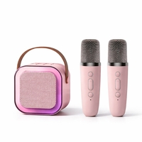 Boxa Portabila Karaoke, Vafy, Bluetooth 5.3, 5-10W, Set 2 Microfoane Wireless, LED RGB, 4 Efecte Vocale, Type-C, 14 x 11 cm, Roz