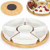Set servire rotativ cu platou din bambus si 6 boluri din portelan, 30 cm, maro natur si alb