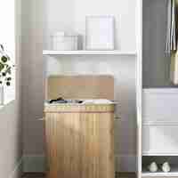 SONGMICS Cos de rufe din bambus cu capac 100L, sac textil detasabil, 55x35x61 cm, bej natur