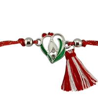 Martisor Bratara cu Ciucure pentru Dama, Jolie, Model Inima cu Ghiocel, Set 12 bucati, Pandativ din Inox, Snur Reglabil, Rosu/Alb