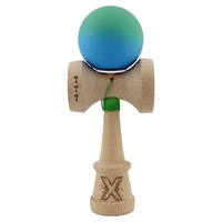Kendama X Originala, Profesionala, Flippy, Cupe Mari KING SIZE V3, Rubber Grip, Gaura in Baza, Rulment Metalic, din lemn 18 cm, Ata 62/65 cm, Gradient Verde/Albastru