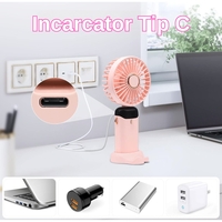 Ventilator Ultra Portabil cu Aromaterapie, Vafy, 3 in 1, de Mana, de Birou, de Gat, 5 Trepte de Viteza, Incarcare USB, Autonomie 12h, Pliabil, cu Ecran LCD, Roz