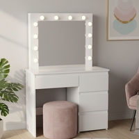 Masa de toaleta si machiaj Hollywood Pro, alba, cu 4 sertare, oglinda si 12 LED-uri, 90x40x140 cm